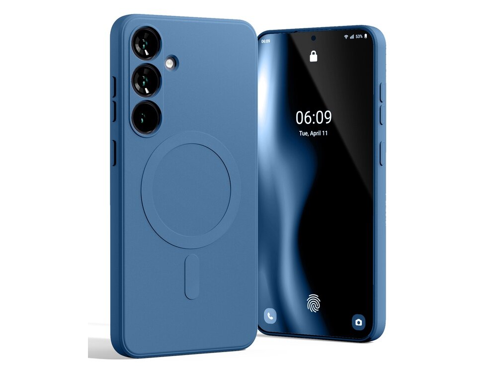 Na obrazie widoczne jest niebieskie etui na telefon z trzema otworami na aparaty oraz okrągłym wzorem sugerującym funkcję MagSafe. Obok etui znajduje się telefon z wyświetlaczem pokazującym godzinę 06:09 i datę \'Tue, April 11\'.