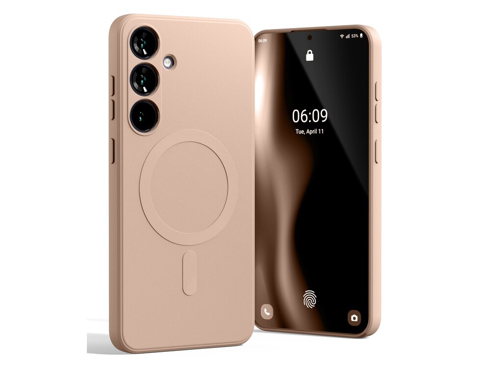 Obraz przedstawia różowo-piaskowe etui na telefon z trzema otworami na aparaty i okrągłym wzorem na tylnej części. Obok etui widoczny jest telefon z wyświetlaczem pokazującym godzinę 06:09 i datę Tue, April 11.