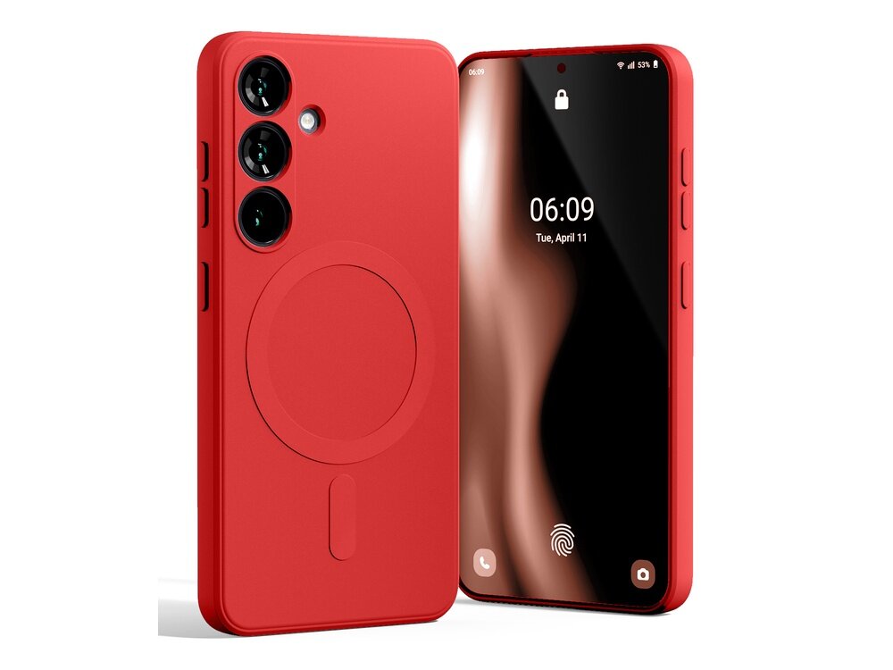 Czerwone etui na telefon z trzema otworami na aparaty i okrągłym wzorem na środku. Obok znajduje się telefon z wyświetlaczem pokazującym godzinę 06:09 i datę Tuesday, April 11.