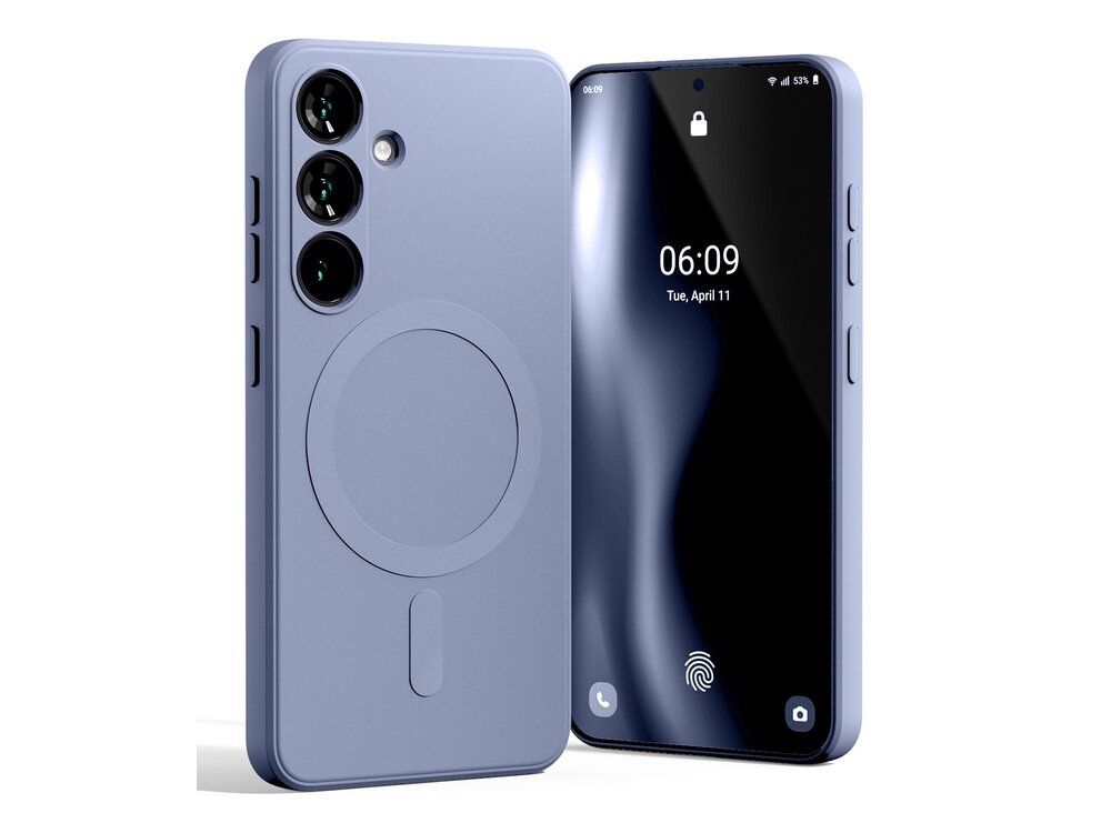 Obraz przedstawia lawendowe etui na telefon z trzema otworami na aparaty i okrągłym wzorem na tylnej części. Obok znajduje się telefon z wyświetlaczem pokazującym godzinę 06:09 i datę Tuesday, April 11.