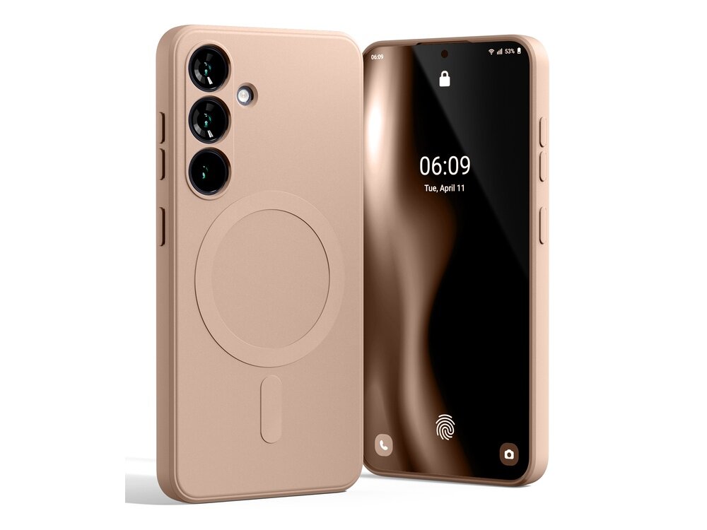 Obraz przedstawia różowo-piaskowe etui na telefon z trzema otworami na aparaty oraz okrągłym wzorem na tylnej części. Obok etui znajduje się telefon z wyświetlaczem pokazującym godzinę 06:09 i datę Tue, April 11.