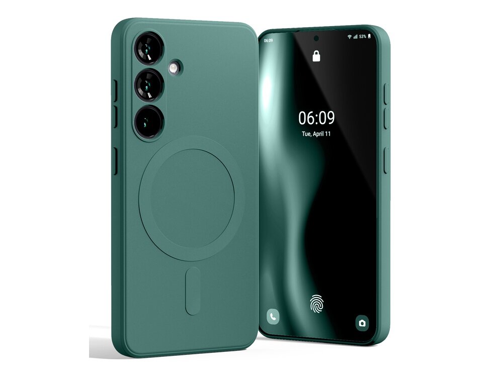 Zielone etui na telefon z trzema otworami na aparaty i okrągłym wzorem na tylnej części. Obok znajduje się telefon z wyświetlaczem pokazującym godzinę 06:09 i datę Tue, April 11.