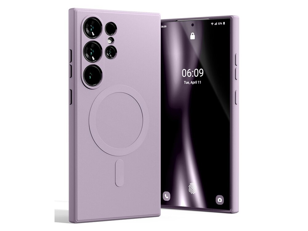 Liliowy fioletowy etui na telefon z okrągłym wzorem na tylnej części, przeznaczone dla modelu Samsung Galaxy S24 Ultra. Obok etui widoczny jest telefon z wyświetlaczem pokazującym godzinę 06:09 i datę Tue, April 11.