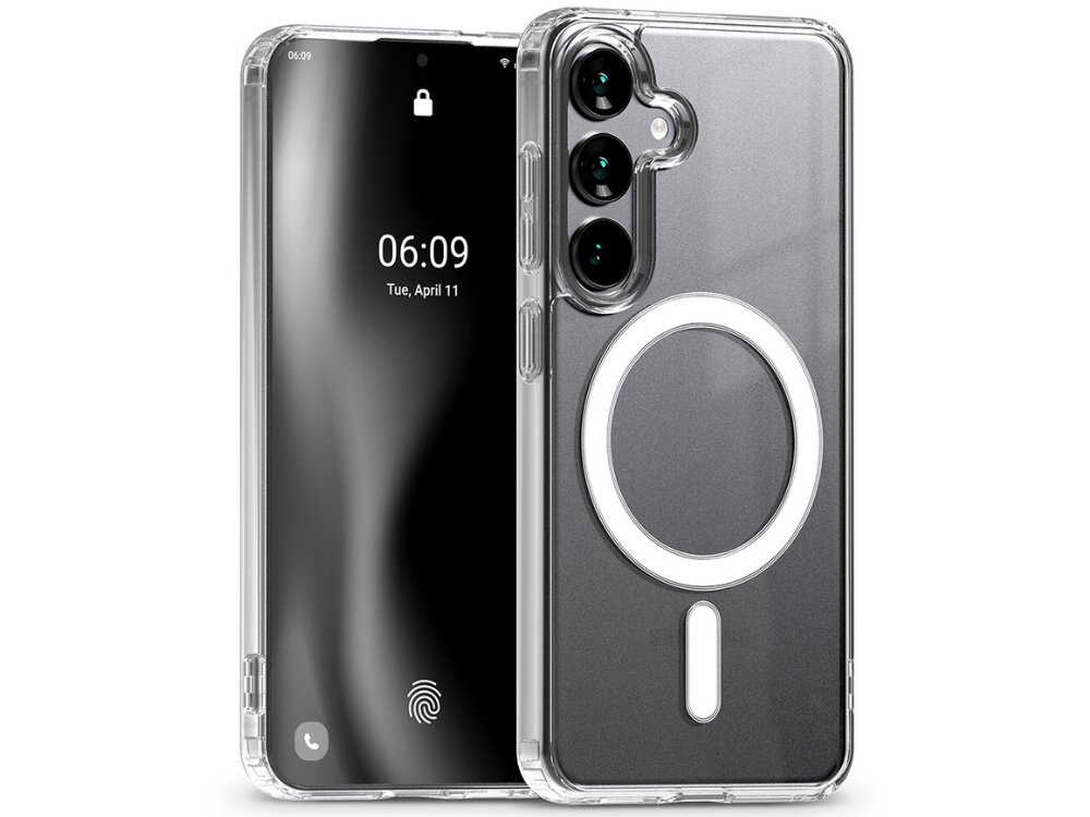 Przezroczyste etui na telefon z widocznym okrągłym wzorem MagSafe i trzema otworami na aparaty. Na ekranie telefonu wyświetlana jest godzina 06:09 i data Tuesday, April 11.