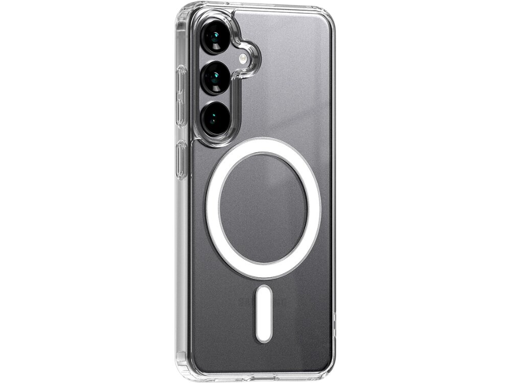 Przezroczyste etui na telefon z trzema widocznymi otworami na aparaty oraz okrągłym wzorem na środku. Etui jest przeznaczone do modelu Samsung Galaxy S24.