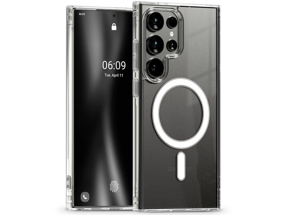 Przezroczyste etui na telefon z widocznym okrągłym wzorem na tylnej części. Na ekranie telefonu wyświetlana jest godzina 06:09 oraz data Tue, April 11.