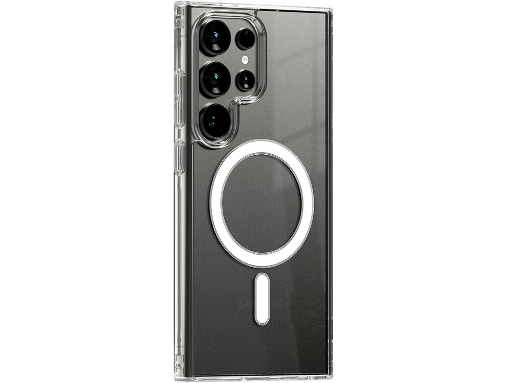 Przezroczyste etui na telefon z widocznym okrągłym wzorem MagSafe. Etui jest dopasowane do modelu z kilkoma obiektywami aparatu.