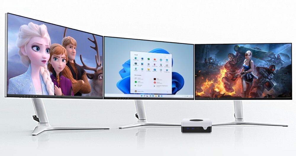 Komputer CHUWI LarkBox X Mini komputer podłączony do trzech monitorów, na których wyświetlane są różne treści: film animowany, system operacyjny i gra akcji, wyświetlacze, monitory, rozdzielczość