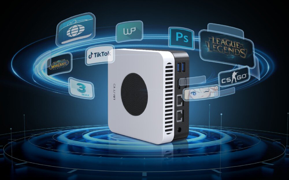 Komputer CHUWI LarkBox X Wizualizacja mini komputera z ikonami popularnych aplikacji i gier unoszącymi się wokół niego, pamięć RAM, dysk SSD, pojemność