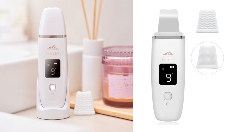 Urządzenie do peelingu kawitacyjnego ETA Sonic Clean LCD 535390000 białe urządzenie stoi na podstawce wyświetlacz przycisk białe tło pokazane białe końcówki z wypustkami usuwa martwy naskórek gładka skóra lepiej wchłania składniki aktywne Złuszczona skóra jędrna zdrowo wyglądająca pełna witalności cera