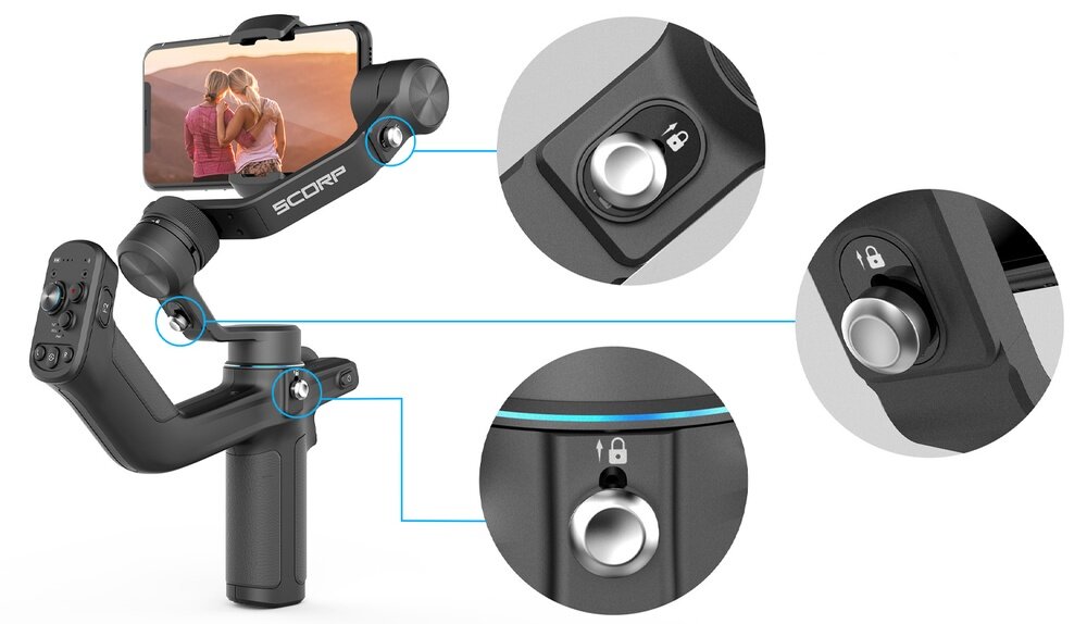 Zdjęcie produktowe gimbala FeiyuTech SCORP Mini-P ze zbliżeniem na trzy przyciski blokady osi.