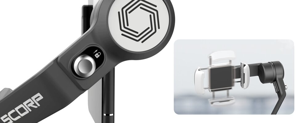 Zbliżenie na przycisk blokady gimbala FeiyuTech SCORP mini P oraz uchwyt w gimbalu na smartfona.