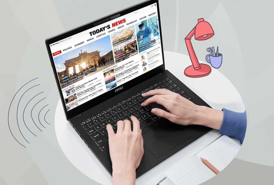 Laptop MSI Modern 15 H AI C1MG - Osoba korzystająca z laptopa, na ekranie widoczna strona internetowa z wiadomościami.   