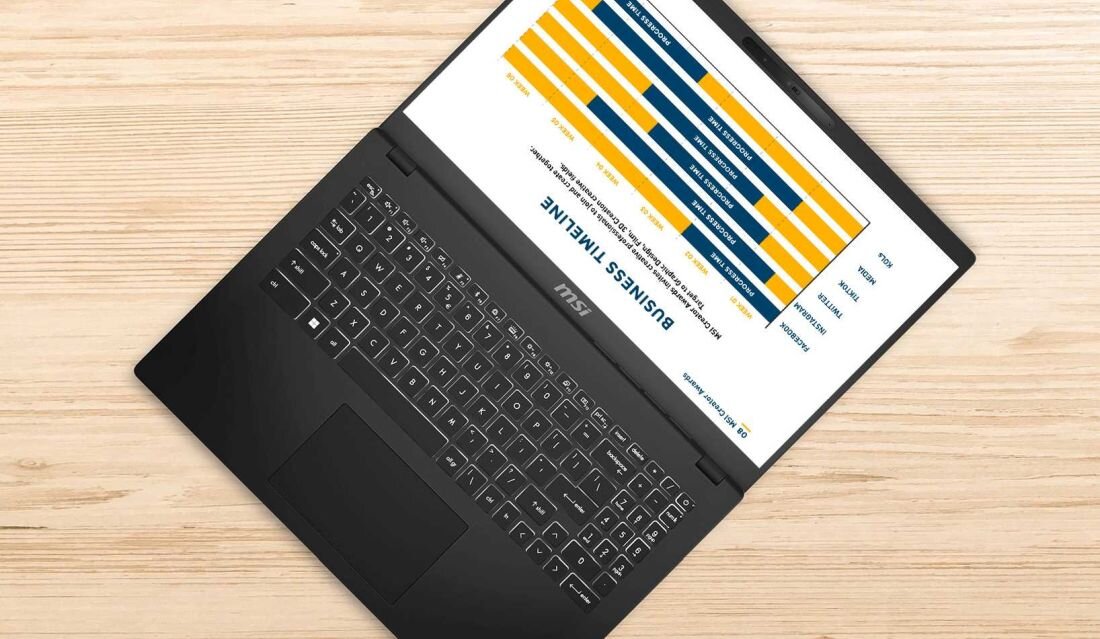 Laptop MSI Modern 15 H AI C1MG - Laptop MSI z wyświetlonym wykresem słupkowym na ekranie, ilustrującym dane analityczne.   