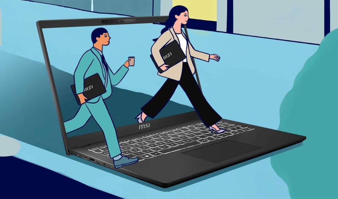 Laptop MSI Modern 15 H AI C1MG - Ilustracja ludzi wychodzących z ekranu laptopa, ilustrująca zjawisko współczesnej mobilności i obecności technologii w życiu.