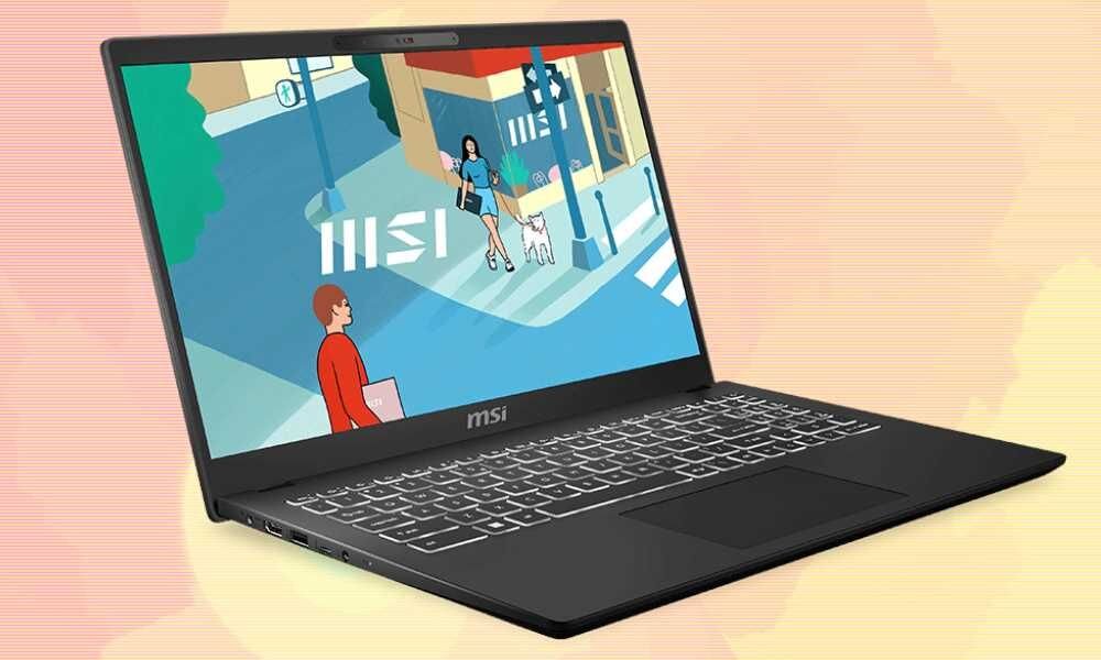 Laptop MSI Modern 15 H AI C1MG - Laptop z napisem MSI na ekranie, umieszczony w jasnym otoczeniu.