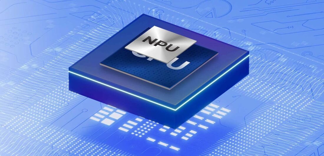 Laptop MSI Modern 15 H AI C1MG - Chip CPU na tle w odcieniu niebieskim, symbolizujący zaawansowane rozwiązania technologiczne.