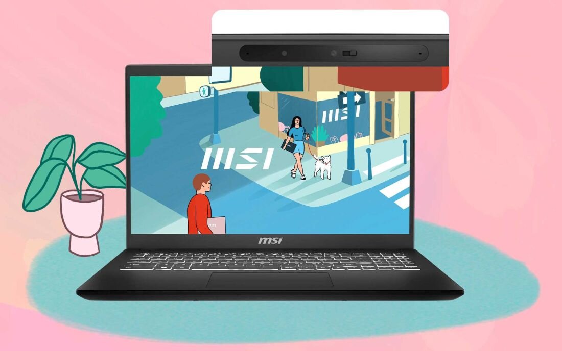 Laptop MSI Modern 15 H AI C1MG - Laptop z logo MSI, a obok niego kobieta w ruchu, w tle miejskie otoczenie.