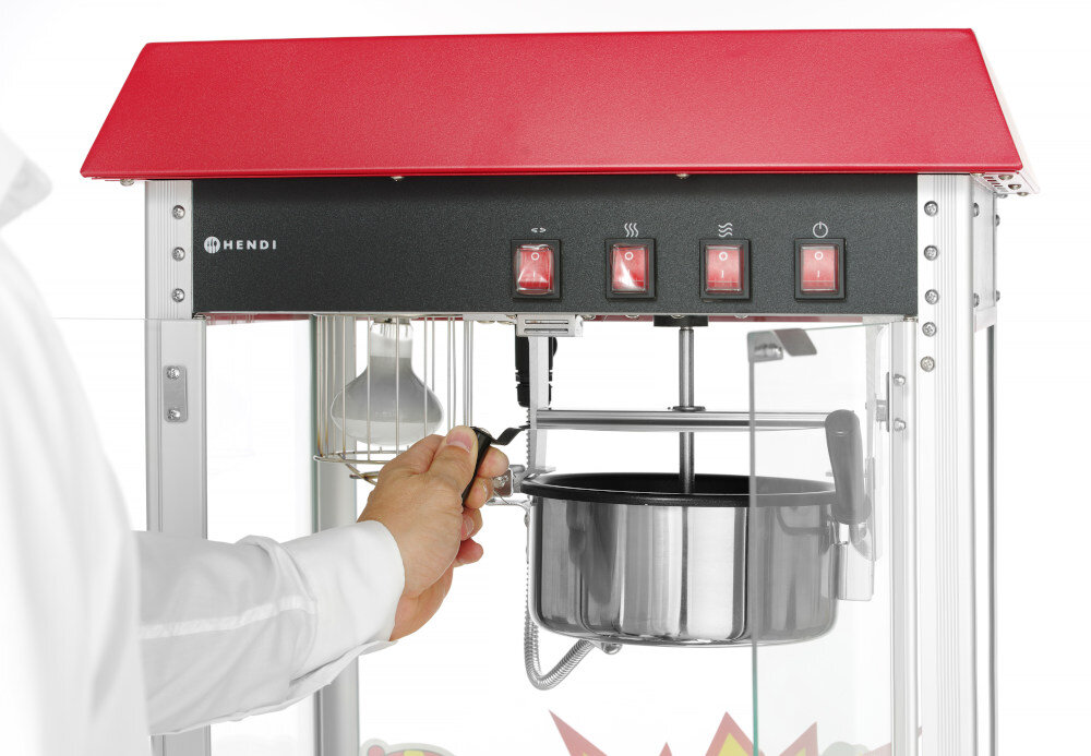 Maszyna do popcornu HENDI 230V 1500W 282748 Wygodne użytkowanie przygotowanie popcornu ułatwienie System mieszający równomierne podgrzewanie klapka szuflada wygoda