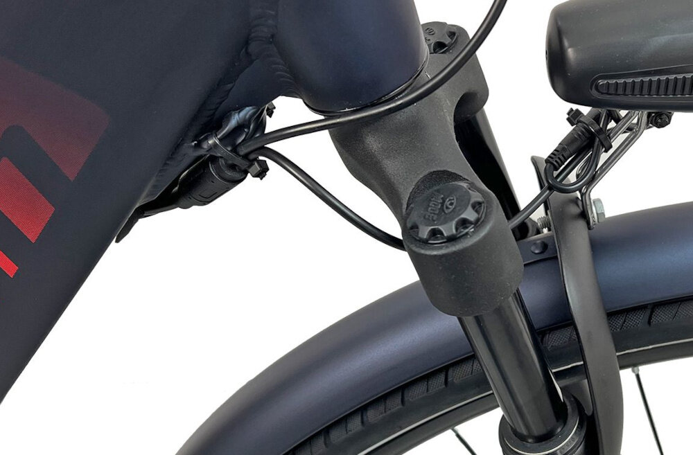 Rower elektryczny TORPADO Apollo M20 28 cali Niebieski rower typu hardtail przedni amortyzator MODE typ MD-735F 28 ulatwia najezdzaniw na przeszkody niweluje wstrzasy na kierownicy komfortowa jazda na nierownych nawierzchniach