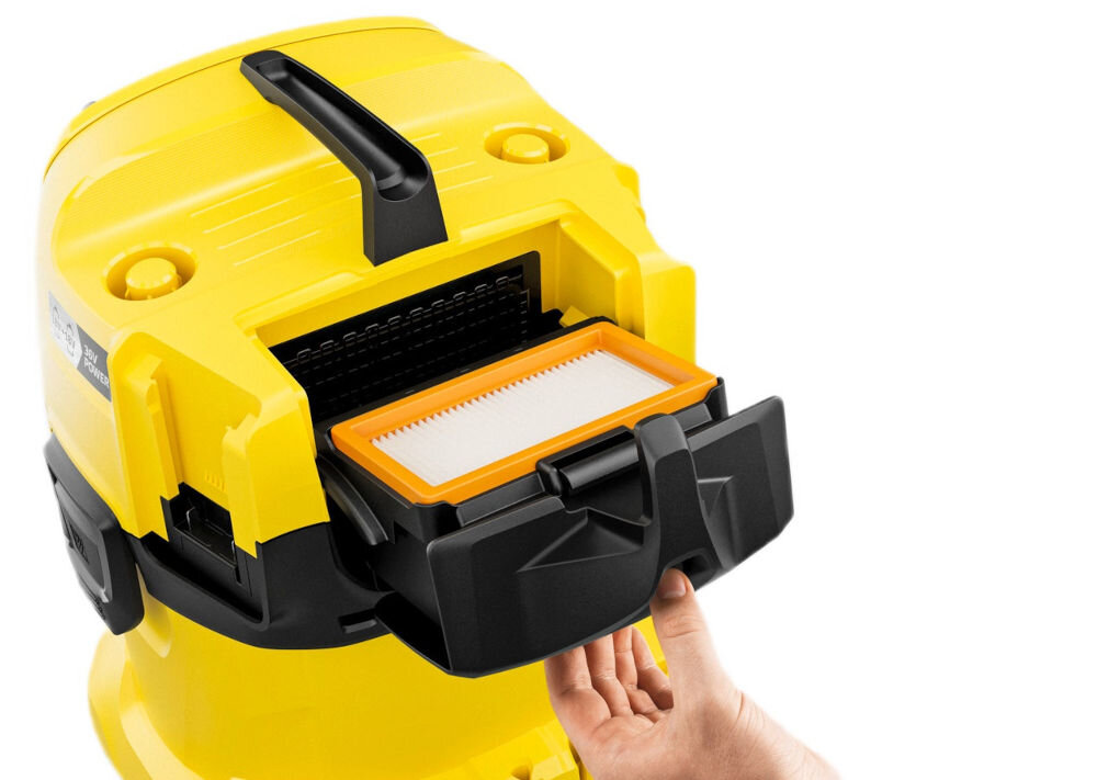 Odkurzacz KARCHER WD 4-18 Dual Battery Set V-20/22 1.628-601.0 płaski filtr falisty wygodne sprzątanie na sucho i mokro technologia szybkiego wyjmowania filtra sprawne oczyszczanie wymiana w kilka sekund higieniczne praktyczne rozwiązanie oddzielanie zanieczyszczeń wydajność w każdych warunkach