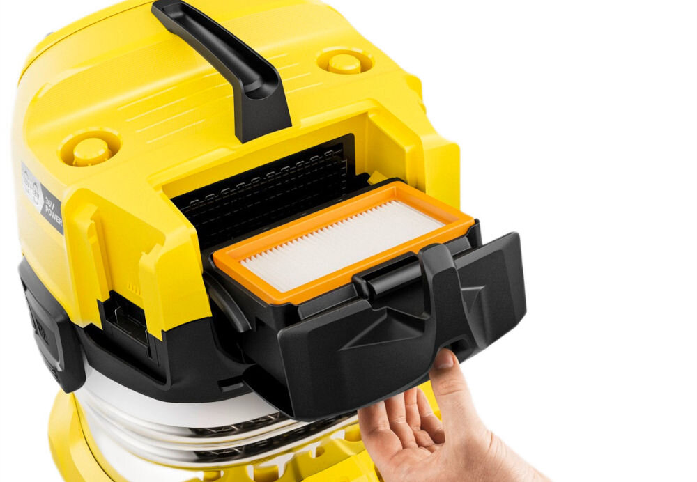 Odkurzacz KARCHER WD 4-18 S Dual Battery Set V-20/22 1.628-626.0 2 płaski filtr falisty wygodne sprzątanie na sucho i mokro technologia szybkiego wyjmowania filtra sprawne oczyszczanie wymiana w kilka sekund higieniczne praktyczne rozwiązanie oddzielanie zanieczyszczeń wydajność w każdych warunkach 