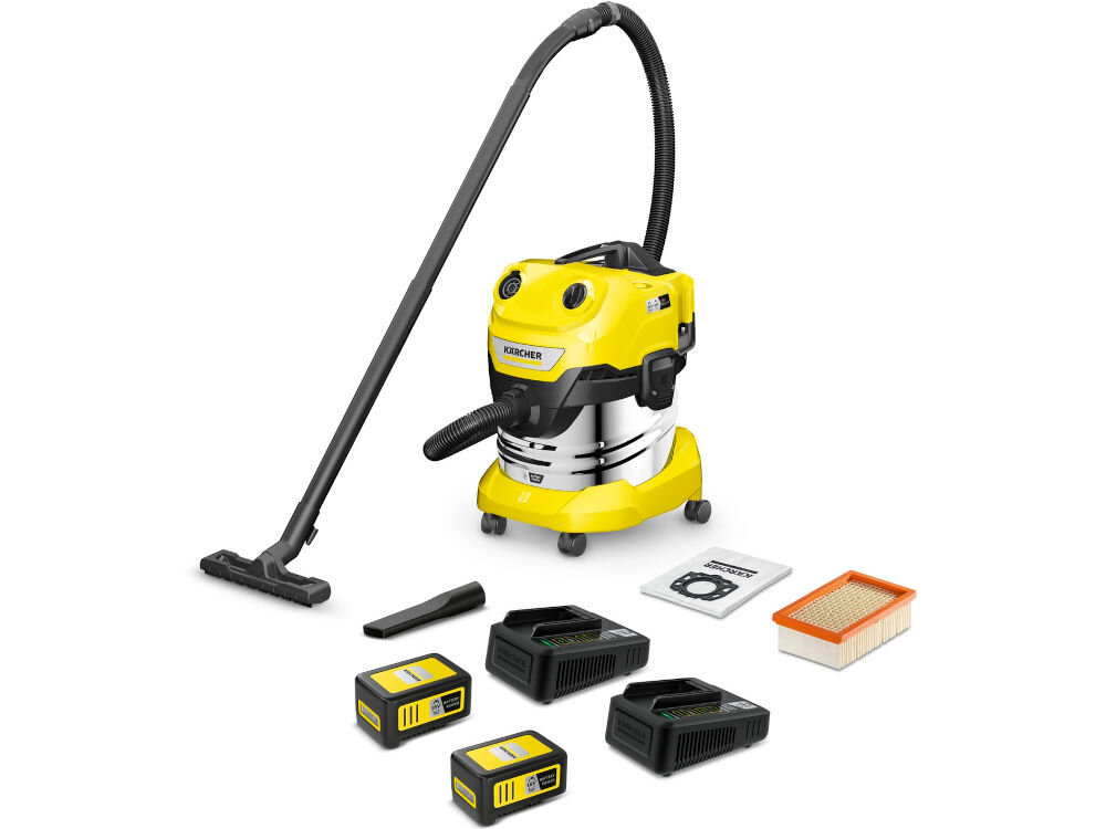 Odkurzacz KARCHER WD 4-18 S Dual Battery Set V-20/22 1.628-626.0 2 x akumulator 2 x szybka ładowarka 18 V Battery Power wąż 2,2 m z zagiętą rękojeścią zdejmowany uchwyt pomocniczy ssawka szczelinowa ssawka podłogowa z klipsami fizelinowa torebka filtrująca płaski filtr falisty 2 x rura ssąca 0,5 m (35 mm) kolanko dokumentacja.