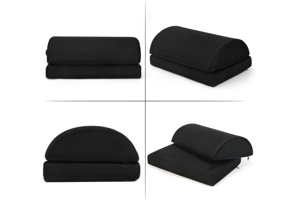 Podnóżek KENOKO PBPPIANKA prezentacja możliwej regulacji podnóżka na białym tle wsparcie wygodnej ergonomicznej pozycji wymiary regulowana ergonomiczna podkładka dwudzielna konstrukcja spinana rzepami dopasowanie do indywidualnych potrzeb komfort