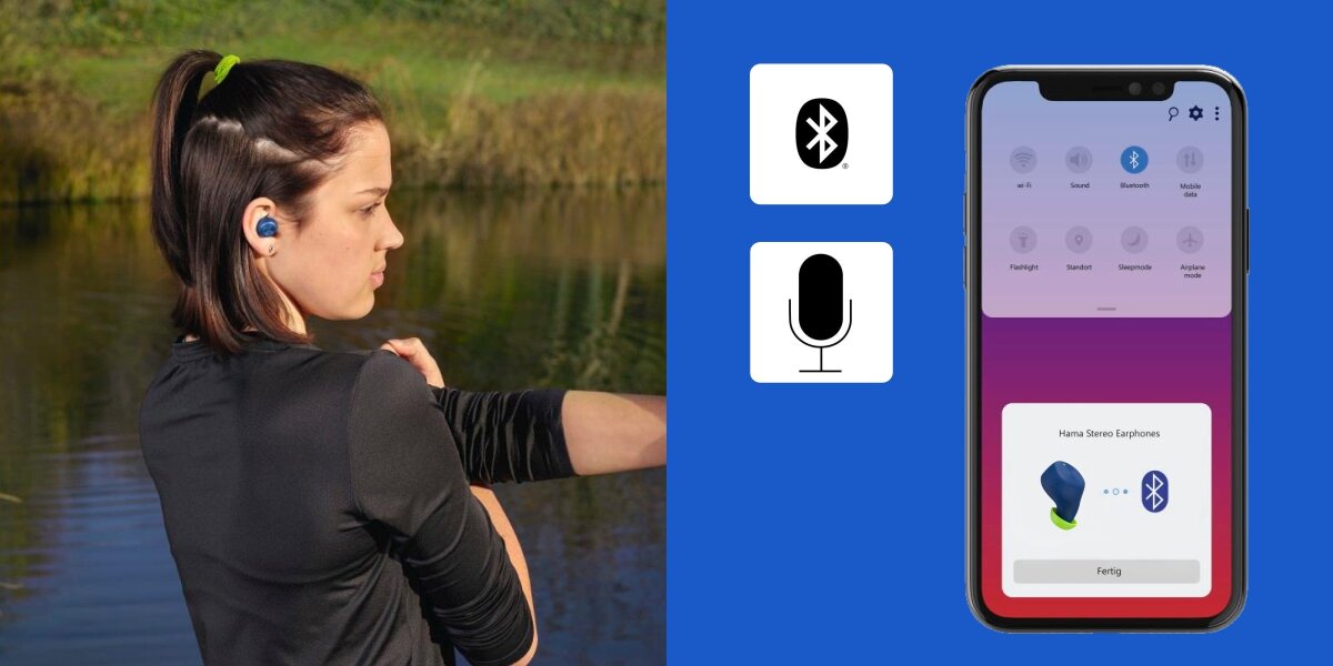 słuchawki dokanałowe HAMA Spirit Chop - Intuicyjne sterowanie, kobieta w słuchawkach nad wodą, smartfon z aplikacją do słuchawek