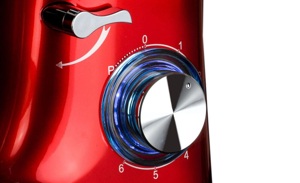 Robot kuchenny planetarny KOLIBER Robomax X-3200-W 3200W Czerwony stylowy design niebieskie podświetlenie LED przyjemna praca trwała obudowa z tworzywa długotrwałe użytkowanie dostępny z pełnym wyposażeniem stalowa misa z osłoną trzy matalowe końcówki niezawodność trwałość
