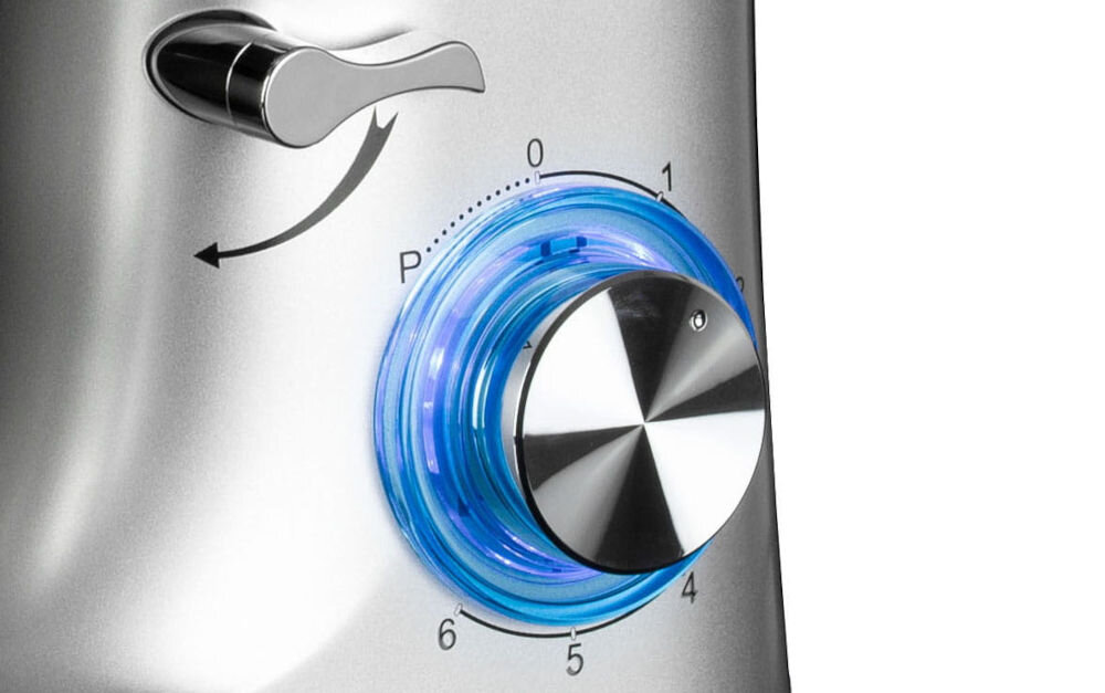 Robot kuchenny planetarny KOLIBER Robomax X-3200-W 3200W Srebrny stylowy design niebieskie podświetlenie LED przyjemna praca trwała obudowa z tworzywa długotrwałe użytkowanie dostępny z pełnym wyposażeniem stalowa misa z osłoną trzy matalowe końcówki niezawodność trwałość
