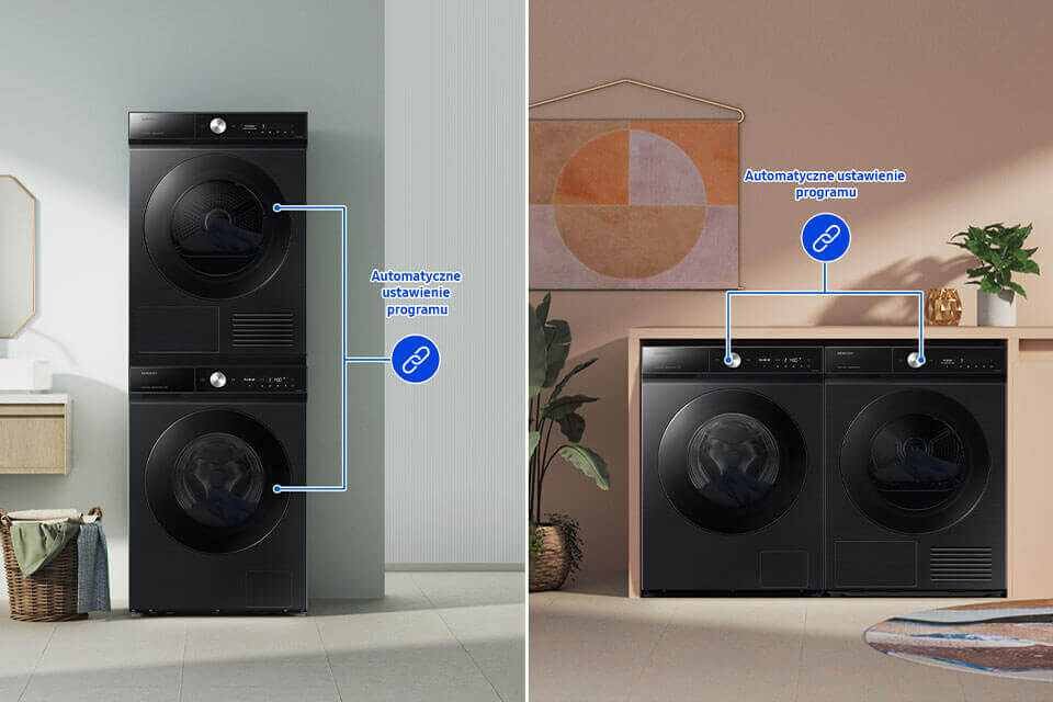 Automatyczny dobór parametrów suszenia po zakończonym praniu oferują inteligentna pralk Samsung Bespoke AI™ w połączeniu z inteligentną suszarką Samsung Bespoke AI™