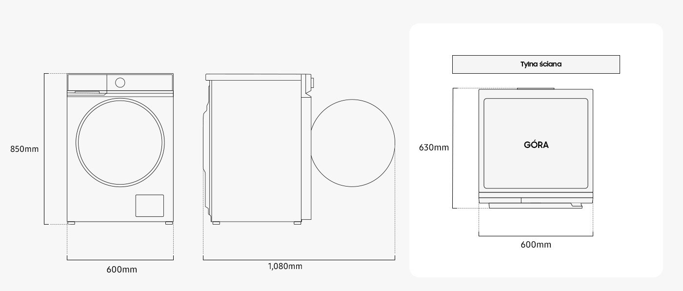 wymiary dostępnej w Media Expert pralki  Samsung WW11DB8B95GBU4