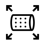 Czarny symbol przedstawiający bęben pralki z kropkami, otoczony czterema strzałkami skierowanymi na zewnątrz.