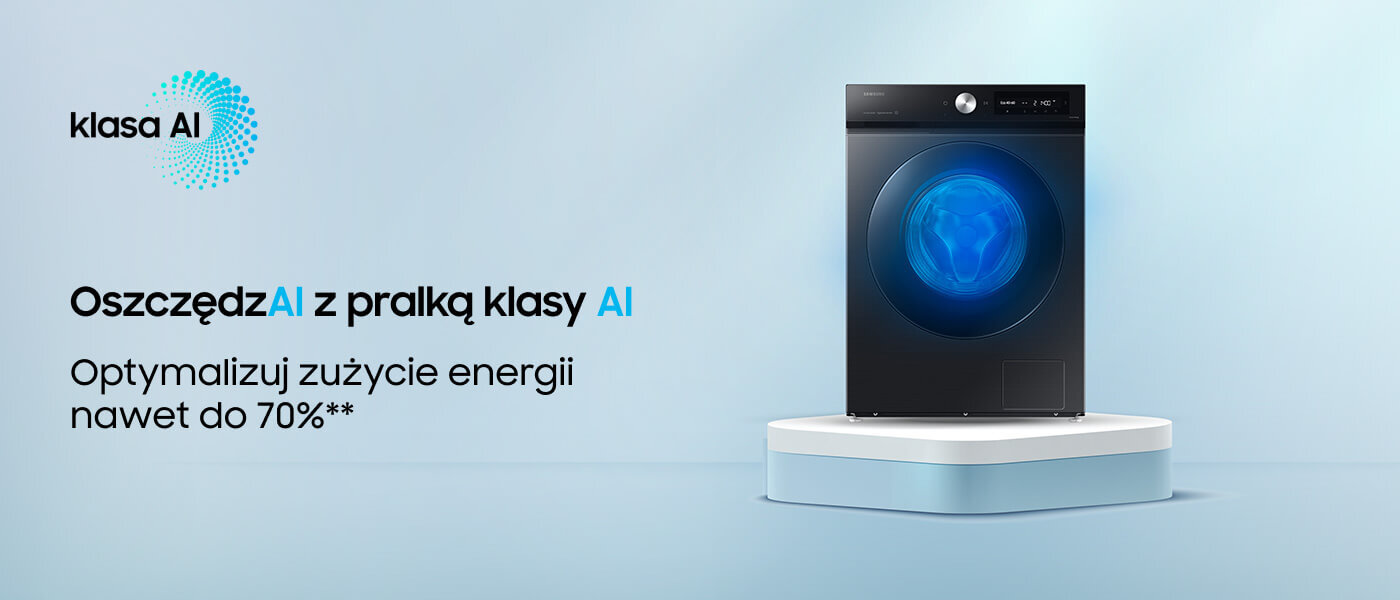 Obraz przedstawia pralkę na podwyższeniu z napisem \'klasa AI\'. Tekst na obrazie: \'OszczędzAI z pralką klasy AI Optymalizuj zużycie energii nawet do 70%**\'.