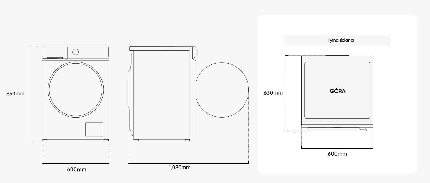 Schematyczny rysunek pralki z wymiarami: wysokość 850mm, szerokość 600mm, głębokość 1080mm. Widok z góry pokazuje napis \'GÓRA\' oraz odległość 630mm od tylnej ściany.