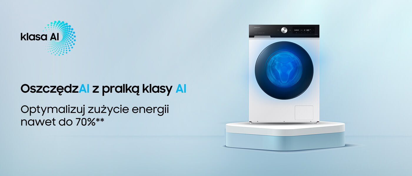 Obraz przedstawia pralkę z dużym, niebieskim bębnem na jasnym tle. Tekst na obrazie: \'klasa AI\', \'OszczędzAI z pralką klasy AI\', \'Optymalizuj zużycie energii nawet do 70%**\'.