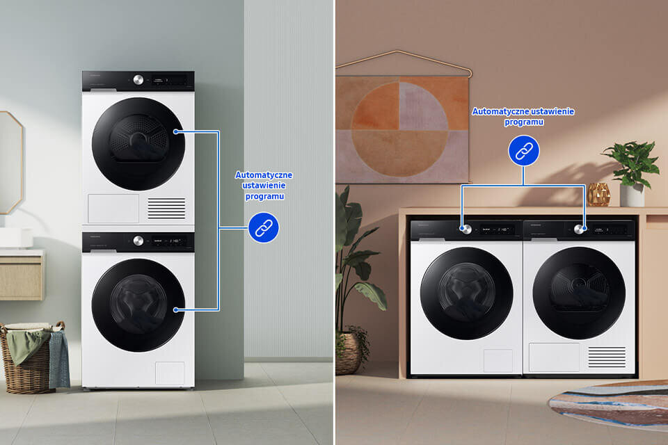 Obraz przedstawia dwa zestawy pralek i suszarek ustawionych w różnych aranżacjach wnętrz. Na obu zdjęciach widoczny jest napis \'Automatyczne ustawienie programu\'.