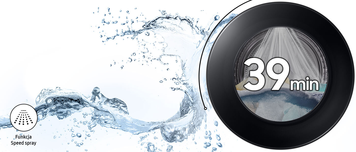 Obraz przedstawia pralkę z widocznym bębnem, na którym znajduje się napis \'39 min\'. Po lewej stronie widoczna jest grafika wody oraz ikona z napisem \'Funkcja Speed spray\'.