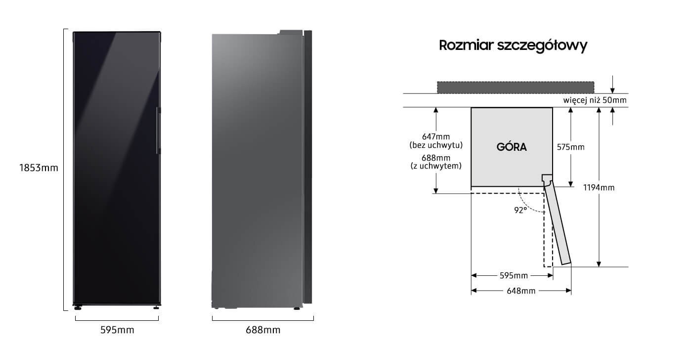 Szczegółowe wymiary zamrażarki Samsung z oferty Media Expert przedstawione na schemacie Obraz przedstawia zamrażarkę o wymiarach 1853 mm wysokości, 595 mm szerokości i 688 mm głębokości. Po prawej stronie znajduje się schemat z napisem \'Rozmiar szczegółowy\' oraz wymiarami: 647 mm (bez uchwytu), 688 mm (z uchwytem), 575 mm, 1194 mm, 92°, 595 mm, 648 mm, więcej niż 50 mm.