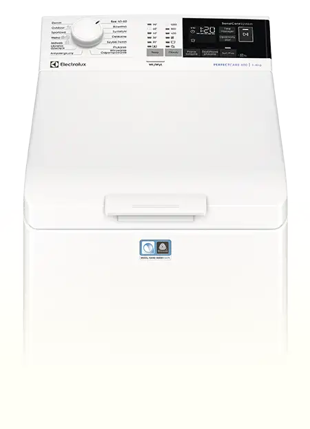 Pralka ładowana od góry z panelem sterowania zawierającym pokrętło i wyświetlacz cyfrowy. Widoczne logo Electrolux oraz oznaczenia programów prania.