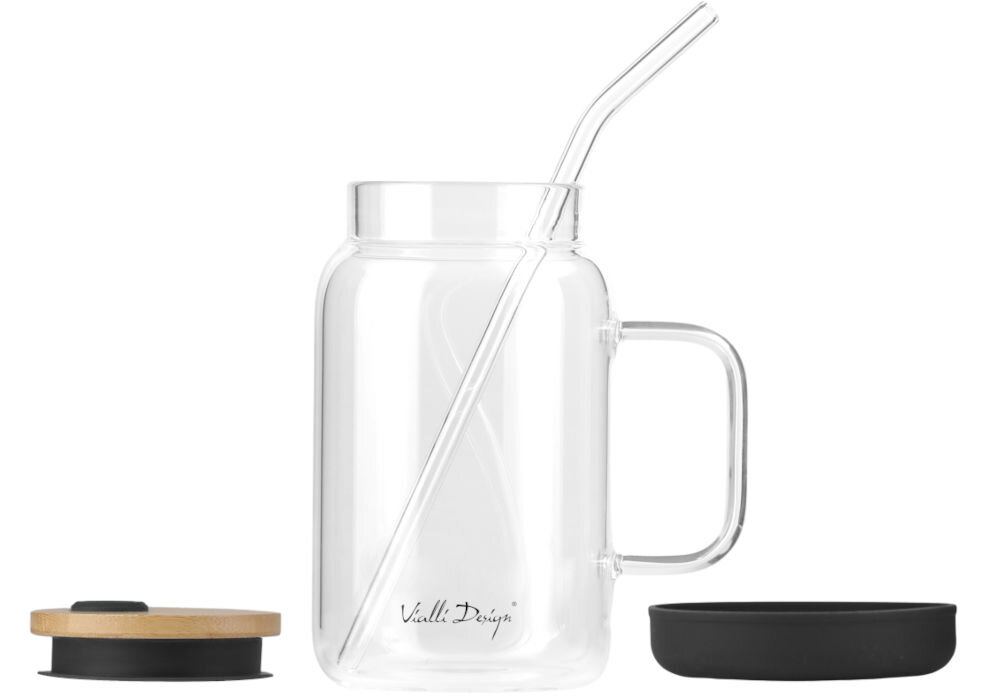 Słoik ze słomką VIALLI DESIGN Fuori 600 ml Czarny szkło borokrzemowe trwałość odporność gorące napoje mycie w zmywarce