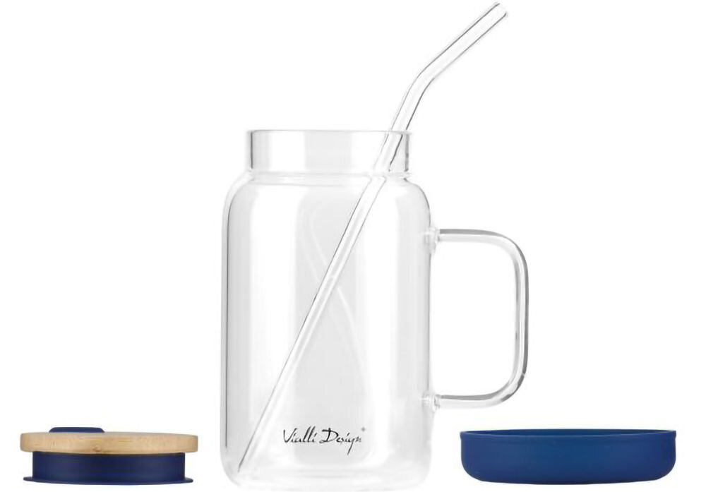 Słoik ze słomką VIALLI DESIGN Fuori 600 ml Granatowy szkło borokrzemowe trwałość odporność gorące napoje mycie w zmywarce