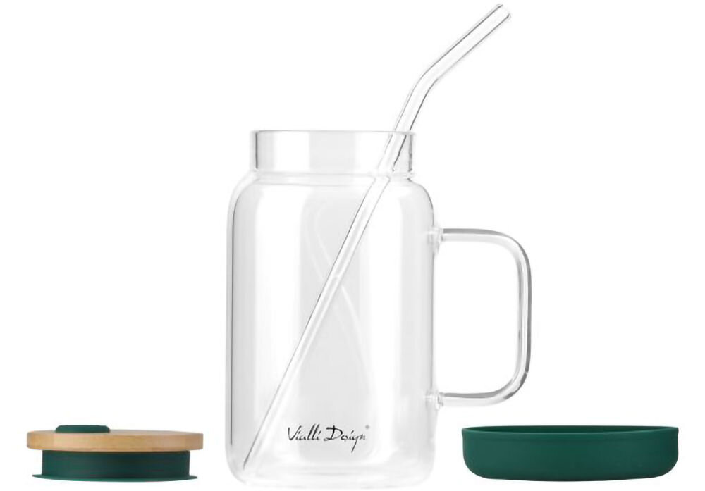 Słoik ze słomką VIALLI DESIGN Fuori 600 ml Zielony szkło borokrzemowe trwałość odporność gorące napoje mycie w zmywarce
