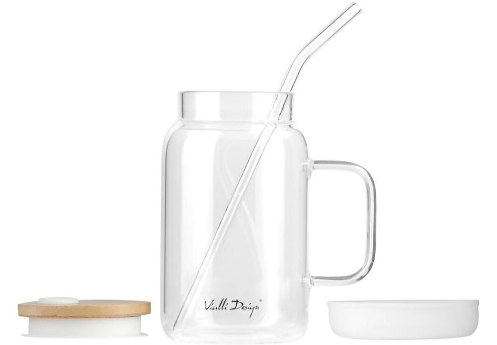 Słoik ze słomką VIALLI DESIGN Fuori 600 ml Biały szkło borokrzemowe trwałość odporność gorące napoje mycie w zmywarce