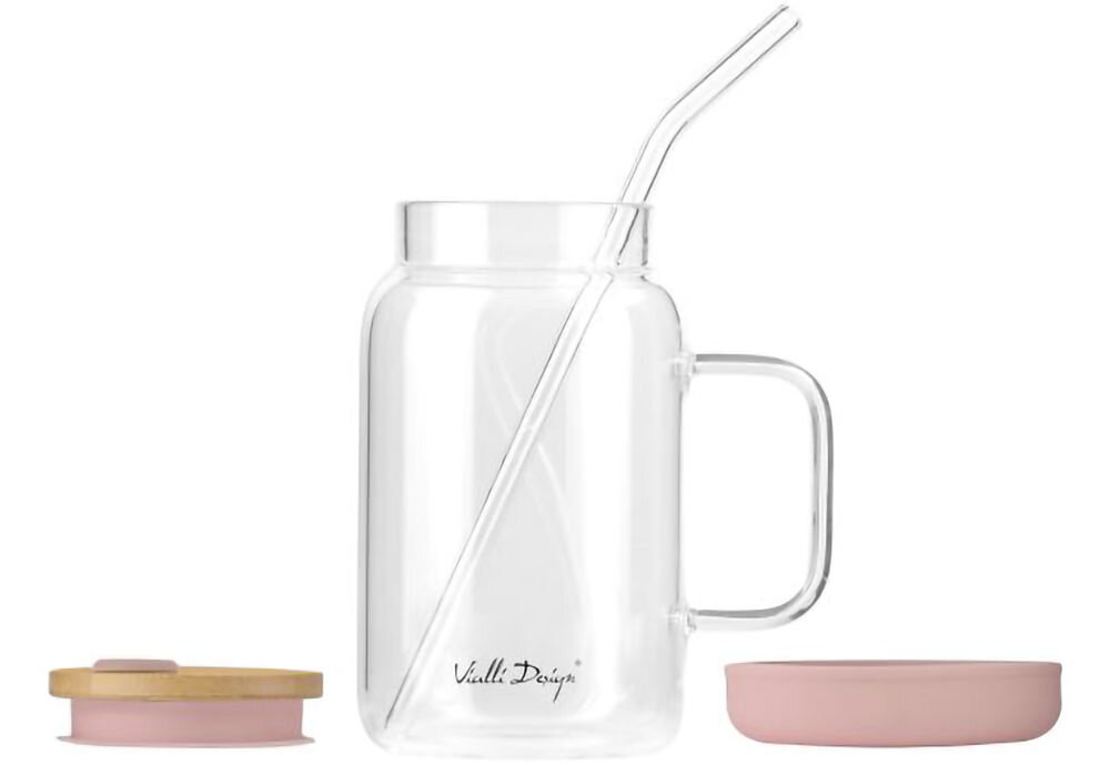 Słoik ze słomką VIALLI DESIGN Fuori 600 ml Różowy szkło borokrzemowe trwałość odporność gorące napoje mycie w zmywarce 