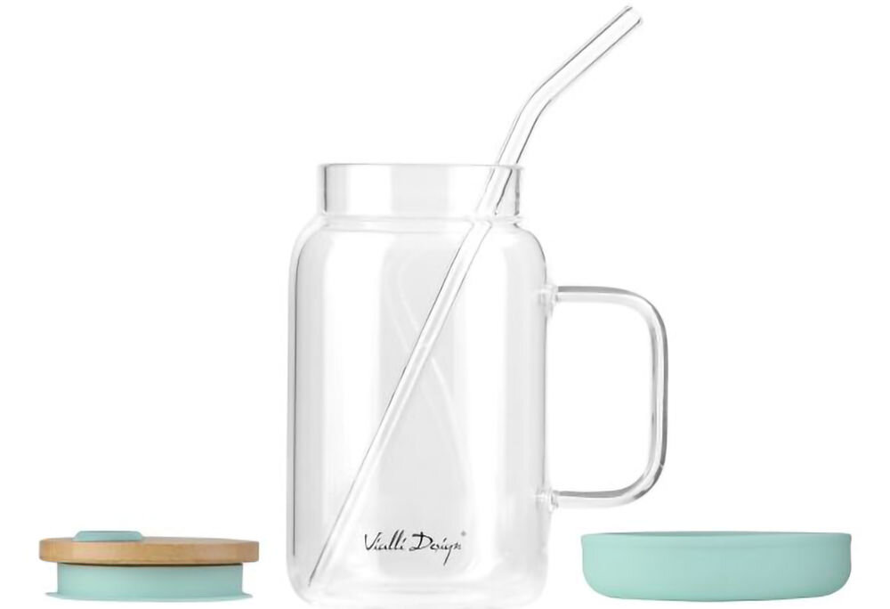 Słoik ze słomką VIALLI DESIGN Fuori 600 ml Miętowy szkło borokrzemowe trwałość odporność gorące napoje mycie w zmywarce