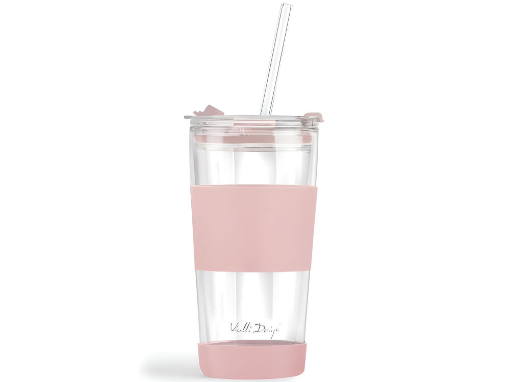 Kubek termiczny VIALLI DESIGN Fuori Różowy funkcjonalny na piknik taras ogród przyjęcie szczelna pokrywka otwór na słomkę chroni przed owadami i rozlaniem