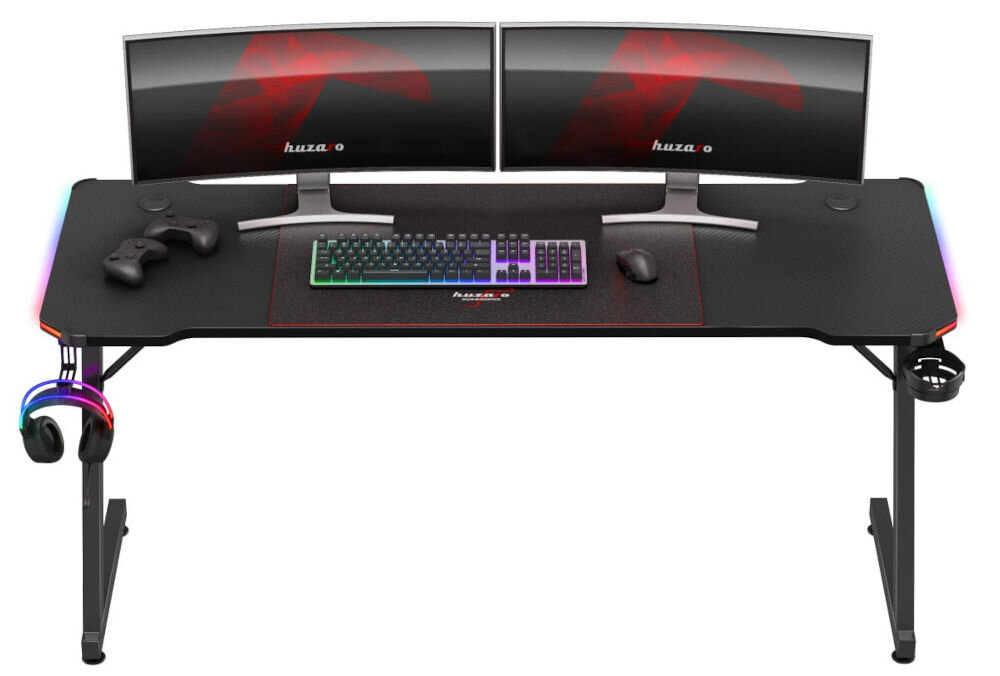 Biurko gamingowe HUZARO Hero 4.8 RGB Czarny prezentacja biurka od przodu na białym tle przestrzeń inspiracja do działania relaksu podświetlenie LED funkcjonalna konstrukcja duża powierzchnia robocza