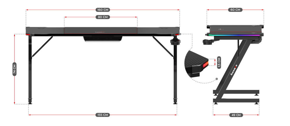 Biurko gamingowe HUZARO Hero 4.8 RGB Czarny prezentacja biurka od przodu i boku oraz jego wymiarów na białym tle wysokość 74 cm podstawa 155 x 49 cm głębokość 60 cm środkowa część szerokości 80 cm swobodne rozstawienie akcesoriów całkowita szerokość 160 cm